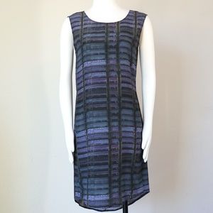 Sleeveless silk shift dress in graphic blue print